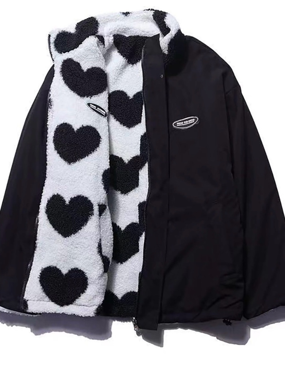 Black Reversible Jacket with Heart-Pattern Sherpa Lining